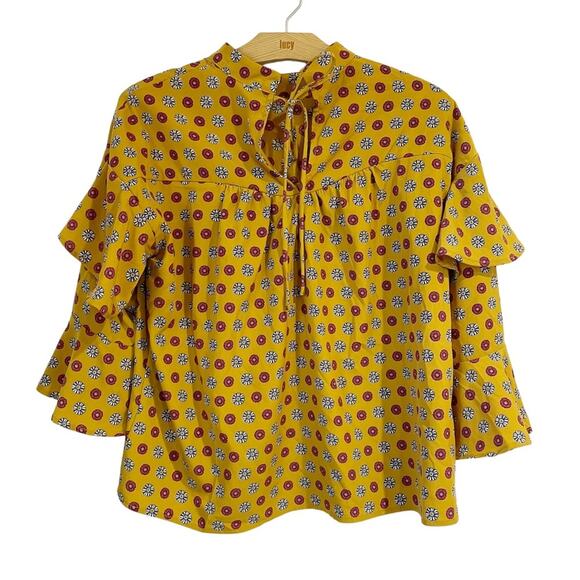 Anthropologie Eri + Ali Women Blouse Vintage Gold Floral Tiered Sleeve Loose Fit - Picture 2 of 4